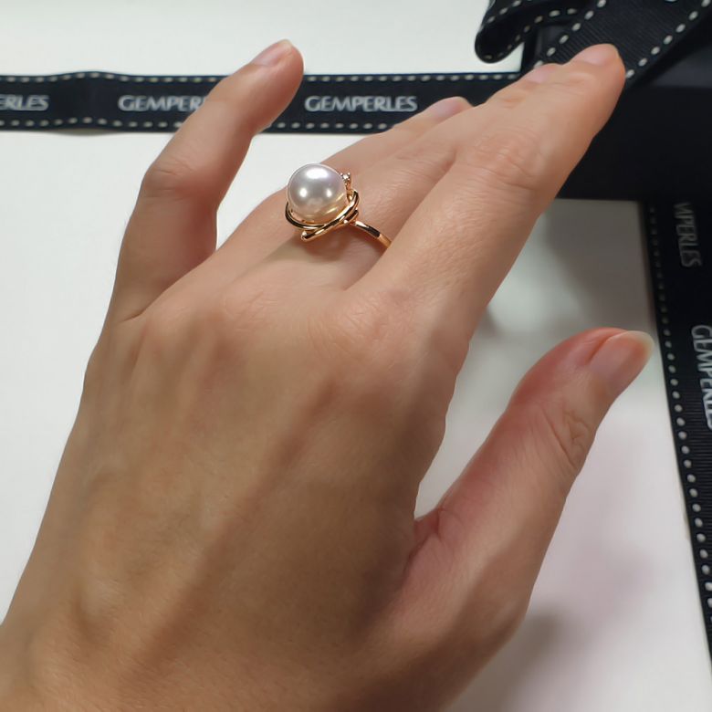 Bague perle d'eau douce blanche - 9/9.5mm, AAA - Or jaune, diamant - 5