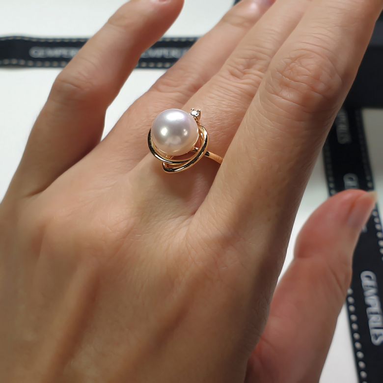 Bague perle d'eau douce blanche - 9/9.5mm, AAA - Or jaune, diamant - 6
