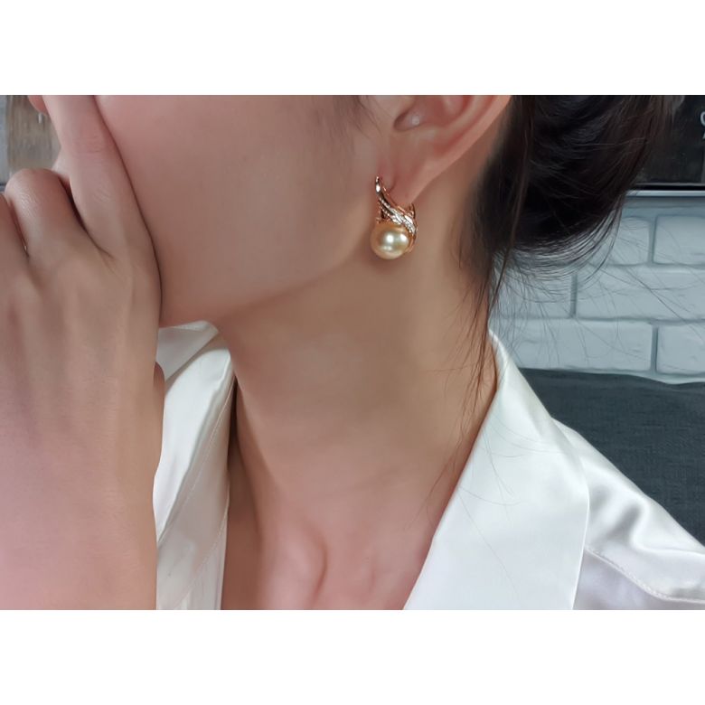 Boucles oreilles paons merveilleux - Perles dorées, diamants, or jaune - 4