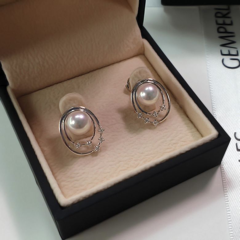 Boucles oreilles perles Akoya, Or blanc, diamants. Motif double cercle - 9