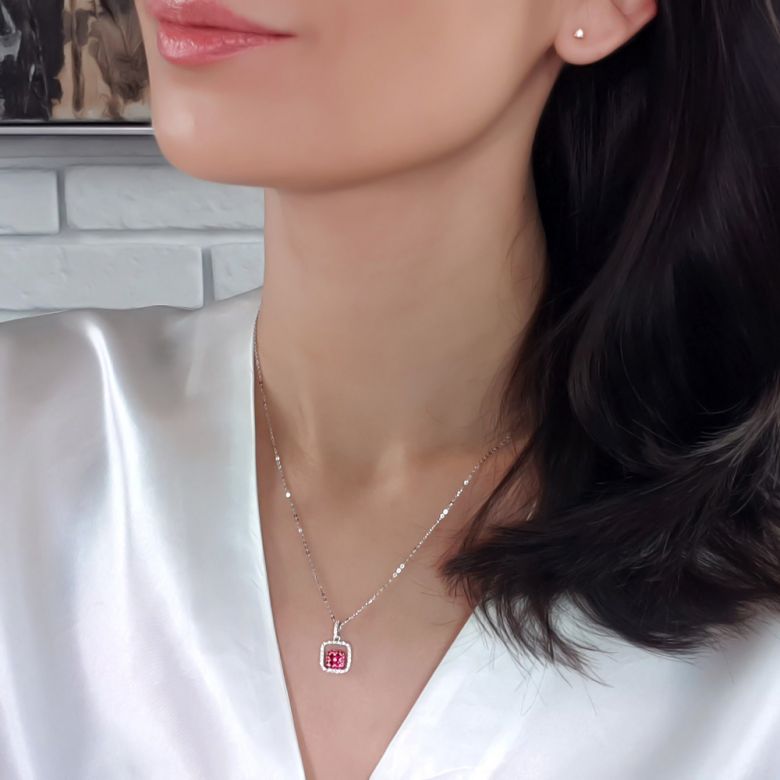 Pendentif carré - 2 carrés superposés - Rubis et diamants en pendeloque - 5