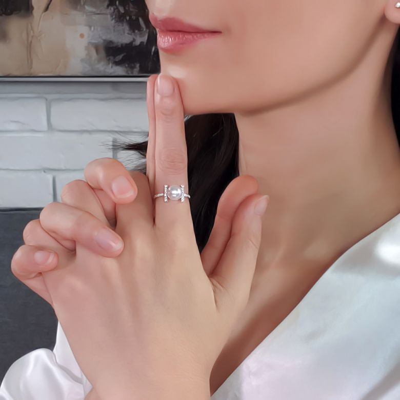 Bague monture rail. Or blanc, Diamants sertis et Perle Akoya - 11