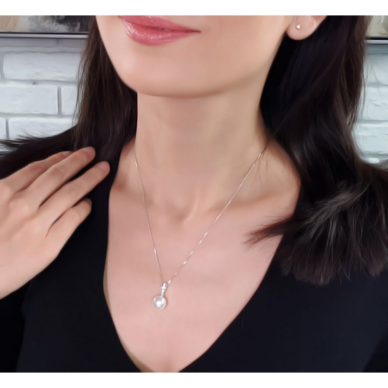 Pendentif diamants rails et perle de culture Chine - Or blanc 18cts - 9