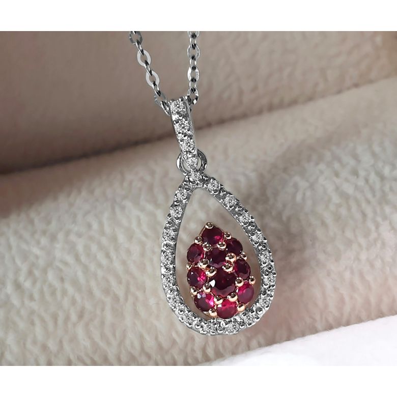 Pendentif pétale or blanc - 2 pétales superposées - Rubis et diamants en pendeloque - 3