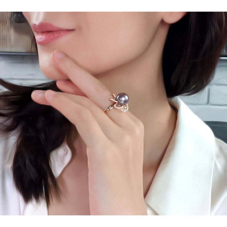 Bague fleur perlée lavande - Pétales or jaune - Perle culture Chine - 6
