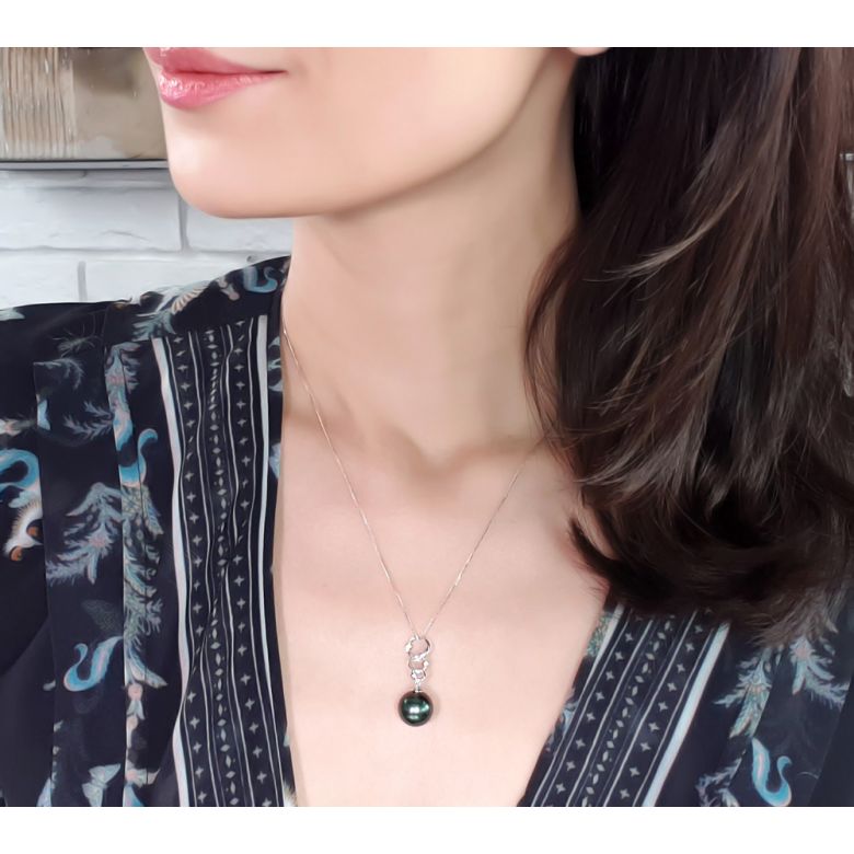 Pendentif Eubée I 3 anneaux Or blanc, diamants, Perle Tahiti - 5