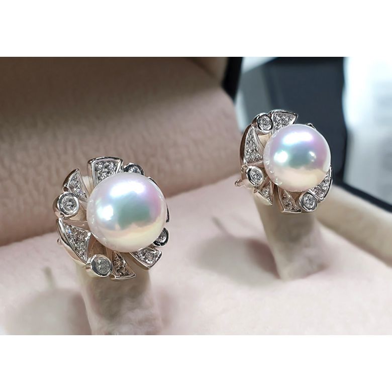 Boucles Oreilles Fleur Luxe. Perles Akoya, Or blanc, Diamants - 7