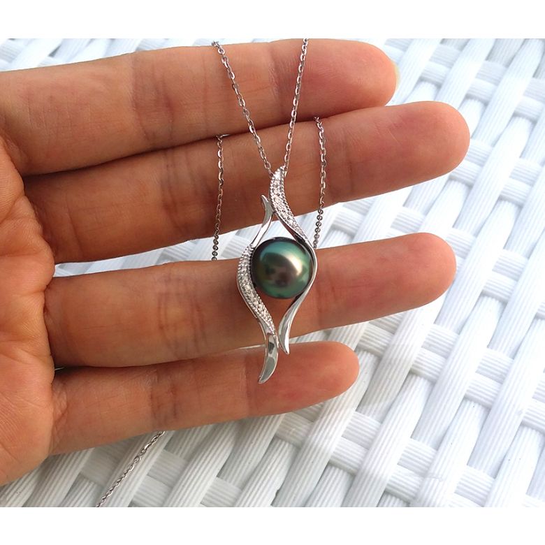 Pendentif barrettes incurvées or blanc - Perle de Tahiti, diamants - 2