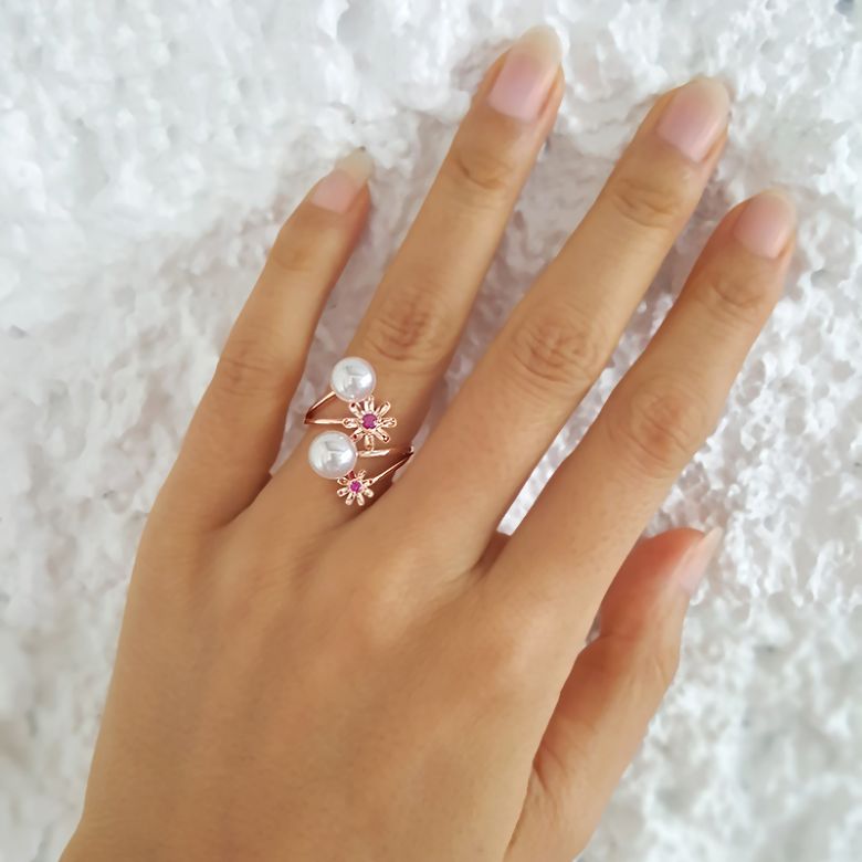 Bague or rose Toi et Moi Perles Akoya. Fleurs, Saphirs roses - 7
