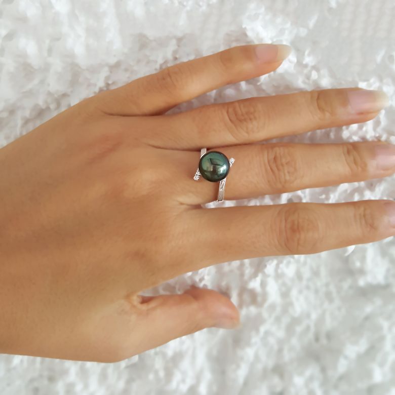 Bague solitaire ondulée - Perle de Tahiti - Or blanc, diamants - 5