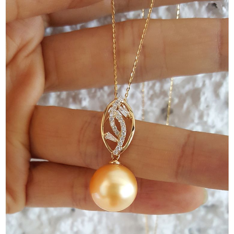 Pendentif feuilles d'or diamantées - Perle d'Australie dorée - 3