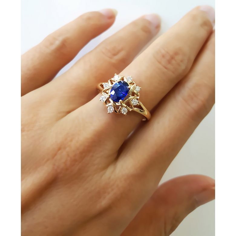 Bague fiancailles fleur saphir et diamants. Solitaire Or jaune - 12