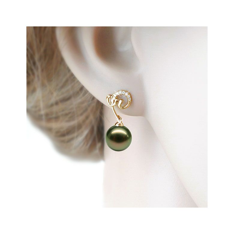 Boucles oreilles coeur - Pendants or jaune - Perles de Tahiti - Diamants - 2