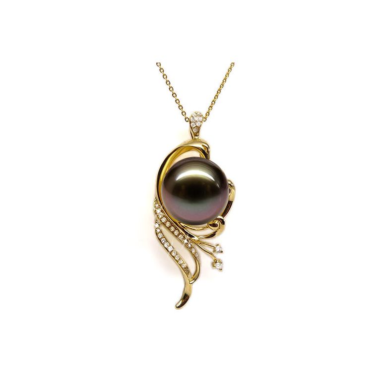 Pendentif phoenix - Perle de Tahiti noire - Or jaune, diamants - 1