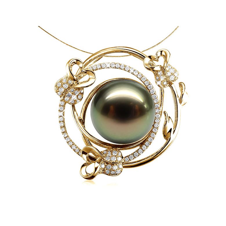 Pendentif la vie en rose - Perle de Tahiti - 3 roses or jaune, diamants - 5