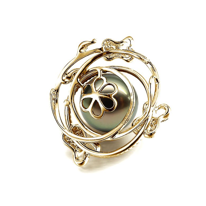 Pendentif la vie en rose - Perle de Tahiti - 3 roses or jaune, diamants - 3