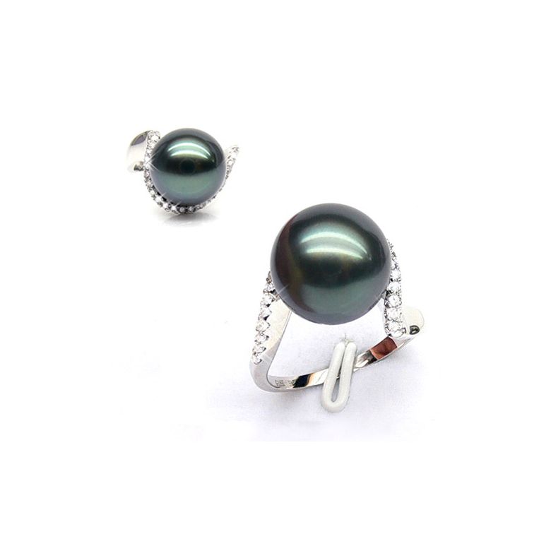 Bague Bora Bora - Or blanc, diamants - Perle de Tahiti bronze - 3