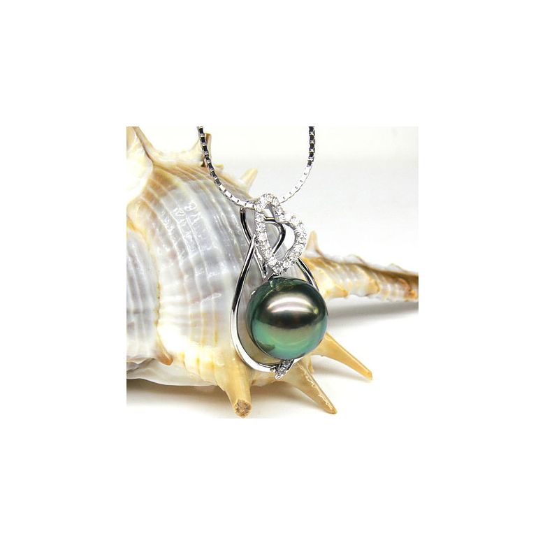 Pendentif accents romantiques - Perle de Tahiti, or blanc, diamants - 2