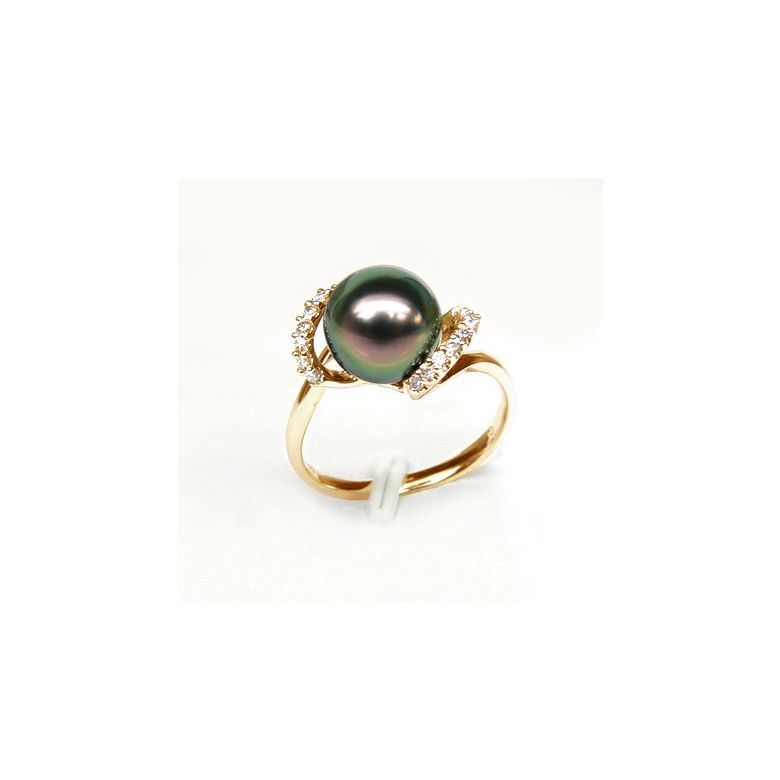 Bague Marion - Perle Tahiti paon aubergine - Or jaune, diamants - 2