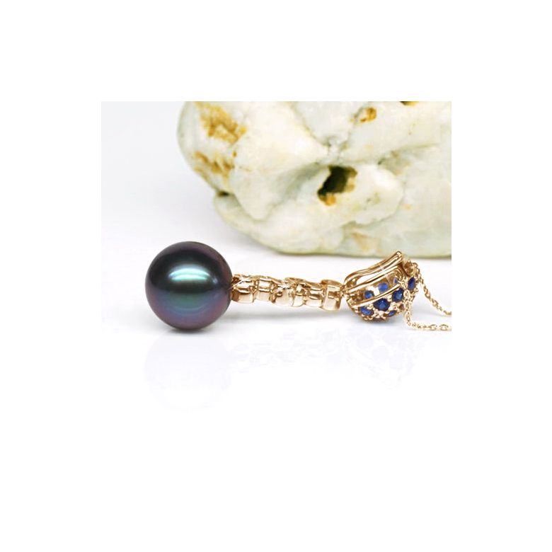 Pendentif boule de saphirs - Diamants - Perle de Tahiti, or jaune - 3