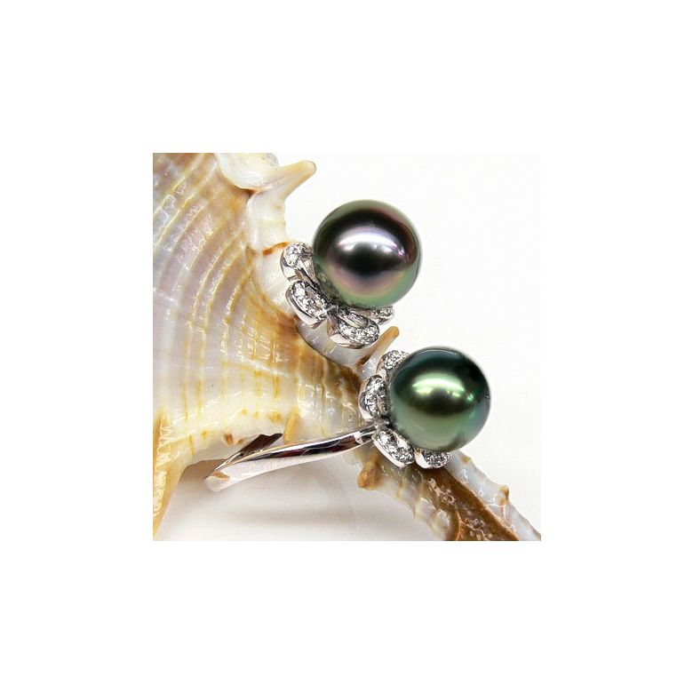 Bague You and Me - Perles Tahiti vertes, aubergines - Or blanc, diamants - 3