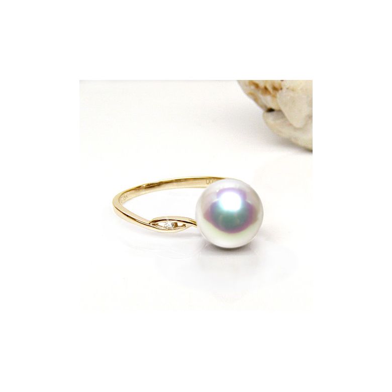 Bague or jaune - Perle Akoya blanche Japon - Diamants sertis rails  - 2