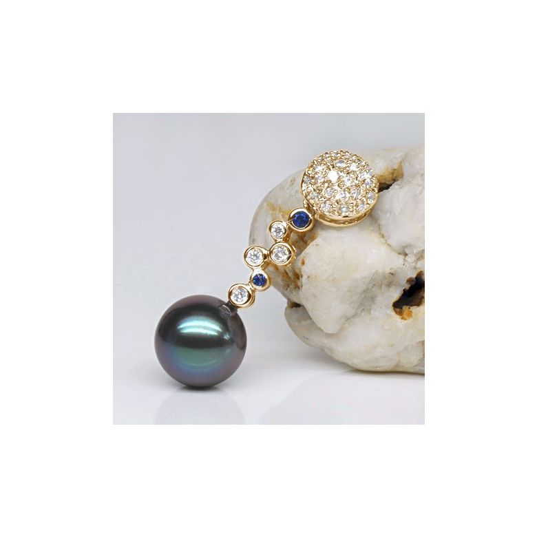 Pendentif boules - Perle de Tahiti - Or jaune, diamants, saphirs bleus - 2