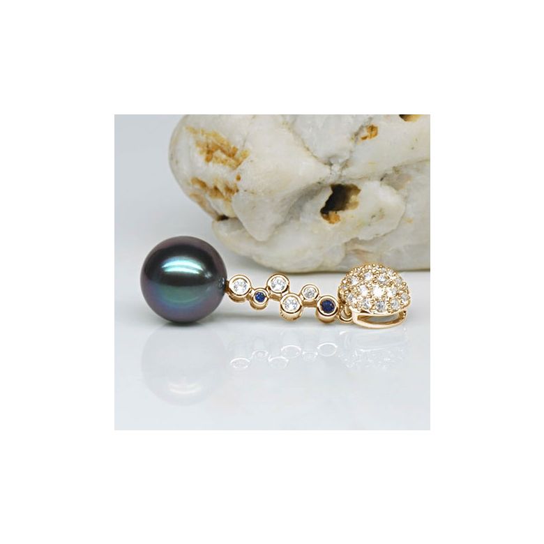 Pendentif boules - Perle de Tahiti - Or jaune, diamants, saphirs bleus - 3