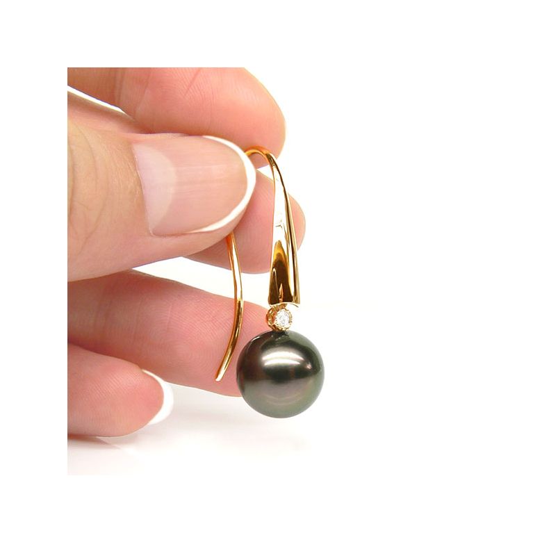 Boucles oreilles perles Tahiti - Crochets perles noires paons - Or jaune - 3