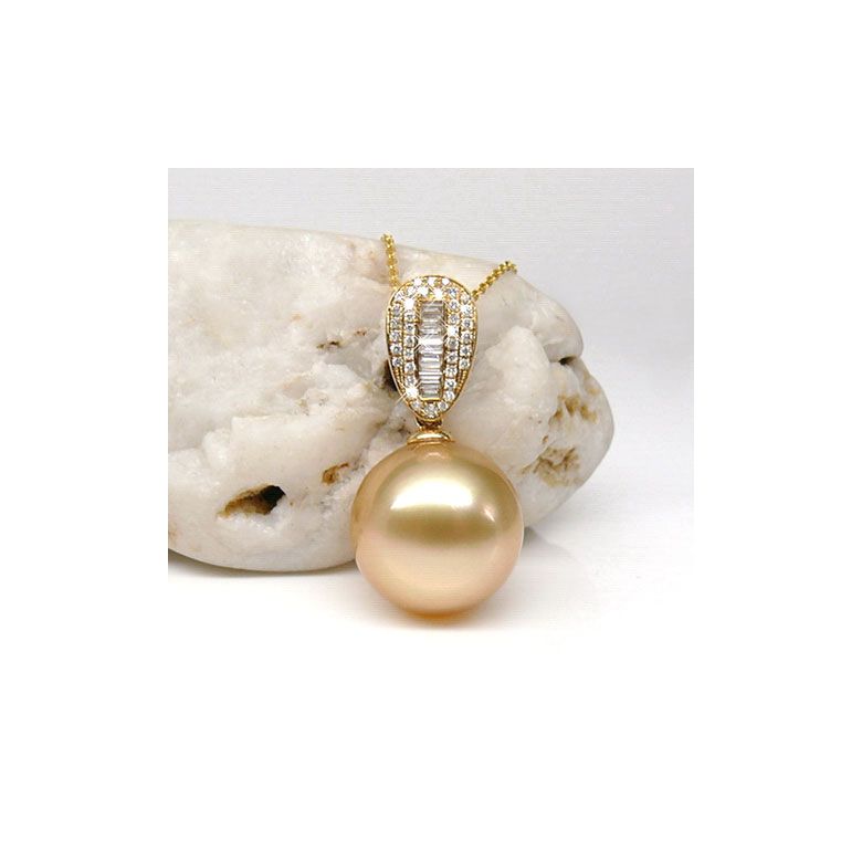 Pendentif perle d'Australie dorée - Or jaune - Diamants ronds, baguettes - 2
