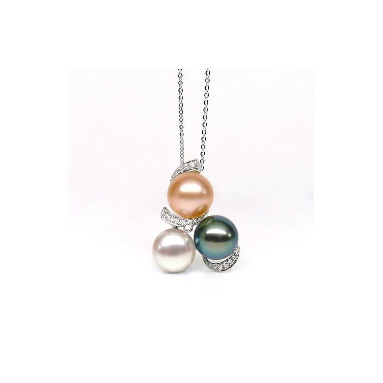 Pendentif trilogie - Perle Tahiti, perles eau douce - Or blanc, diamants - 2