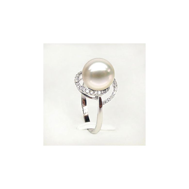 Bague perle d'eau douce blanche - Encerclement d'or blanc et diamants - 3