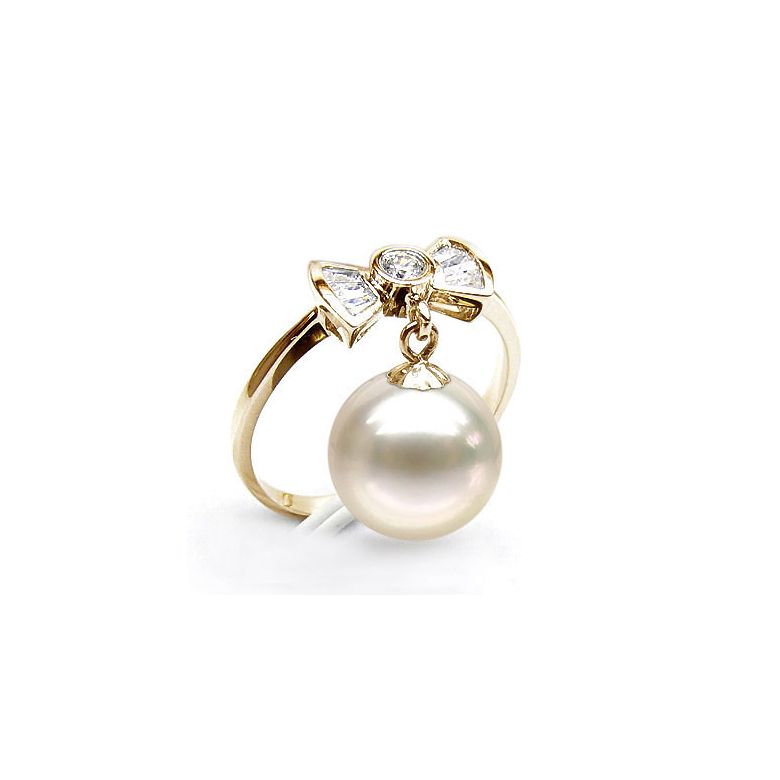 Bague noeud papillon - Or jaune, diamants, perle de culture - 2