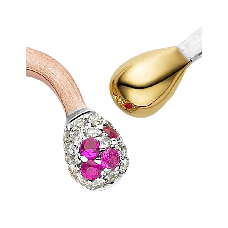 Collier pendentif 3 Ors - 2 allumettes courbées - Diamants, rubis - 3