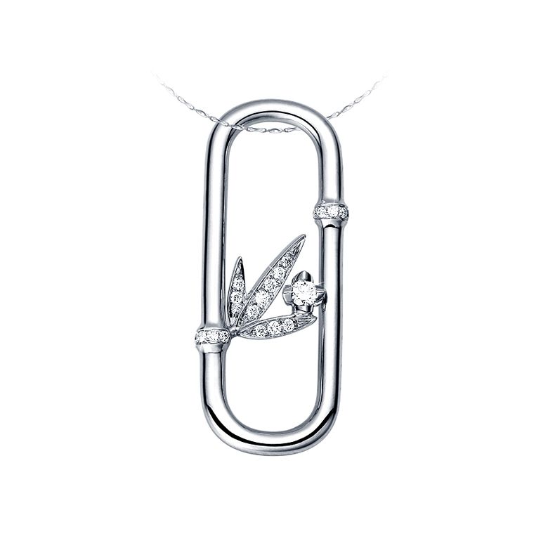 Pendentif feuilles bambou or blanc - Tige incurvée - Noeuds diamantés - 1