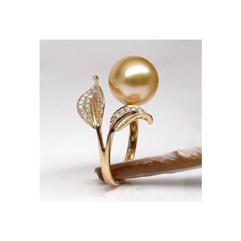Bague feuilles de jasmin - Perle d'Australie dorée - Or jaune, diamants - 5