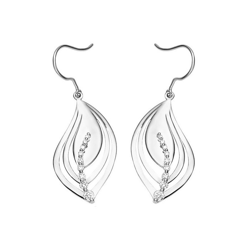 Crochet oreille or blanc - Boucles feuilles nervures serties diamants - 1