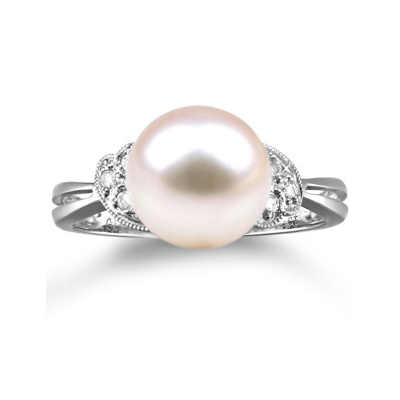 Bague perle Chine - Perle d'eau douce blanche - Diamants, or blanc - 2