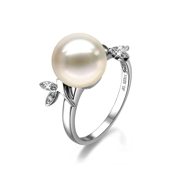 Bague Perle Or Blanc Diamant. Feuilles Étincelantes  - 1