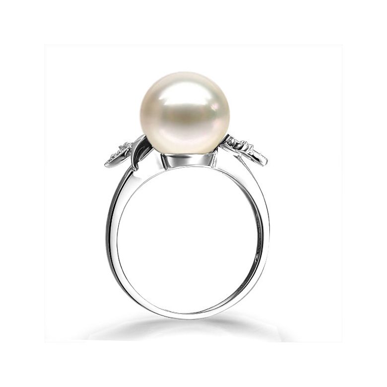 Bague Perle Or Blanc Diamant. Feuilles Étincelantes  - 3