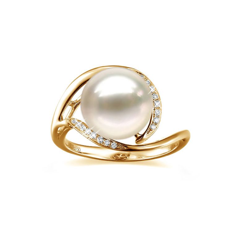 Bague femme perle - Or jaune, diamants - Perle de culture blanche - 3