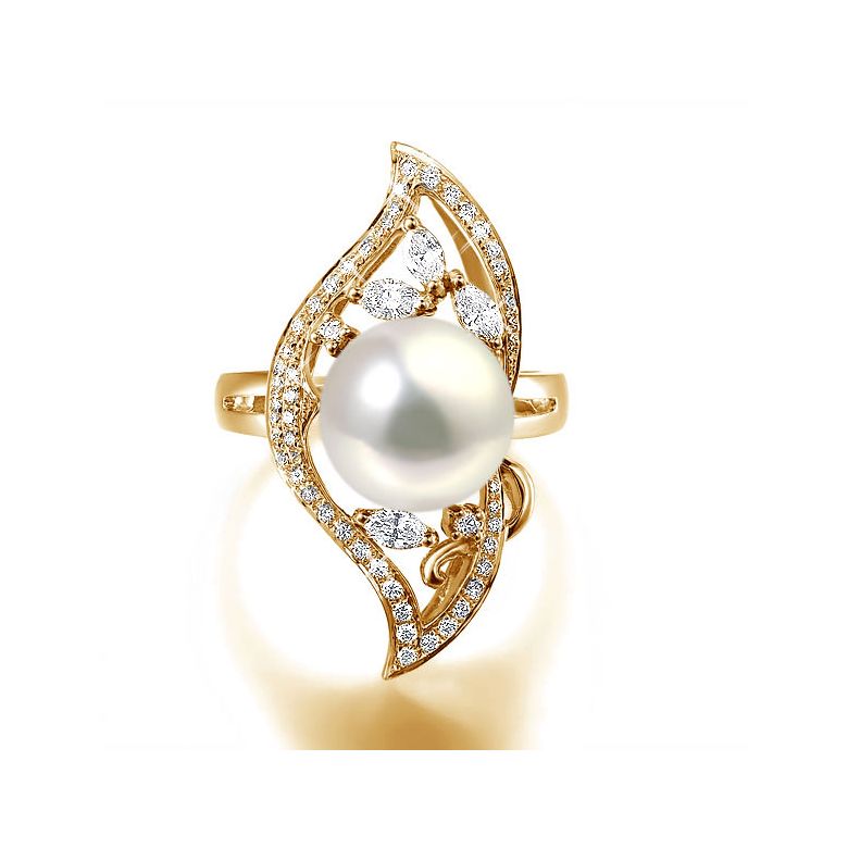 Bague végétale or jaune - Perle eau douce blanche de culture, Diamants - 2