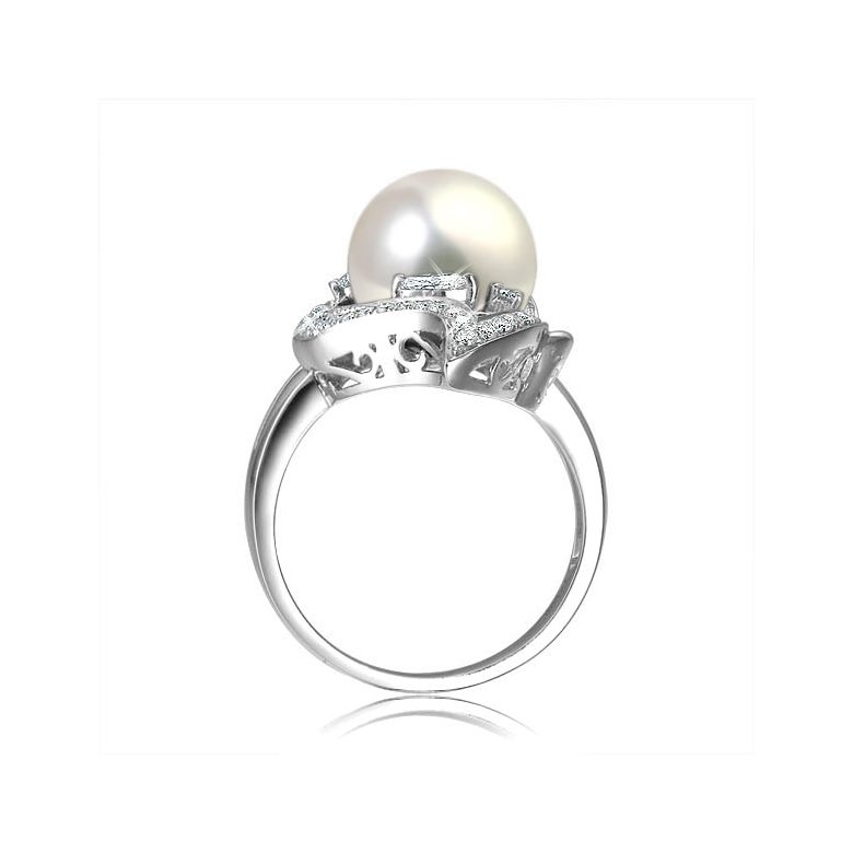 Bague végétale or blanc - Perle eau douce blanche de culture, Diamants - 3