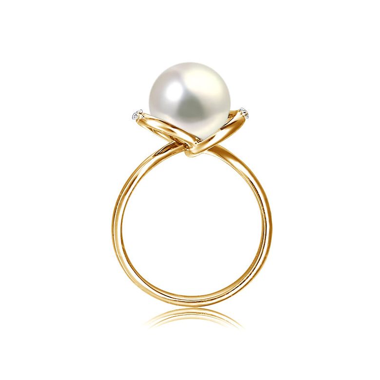 Bague or jaune style circulaire - Perle de culture - 2 diamants sertis - 3