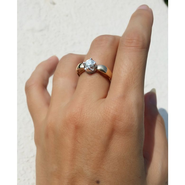 Solitaire anneau bombé - Or blanc & jaune - Couronne diamants 0.58ct | Jefferson - 2