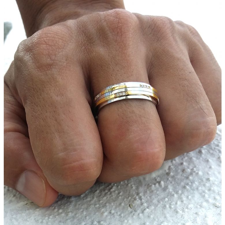 Alliance 2 ors Homme - Or blanc poli et jaune brossé - Diamants - 5