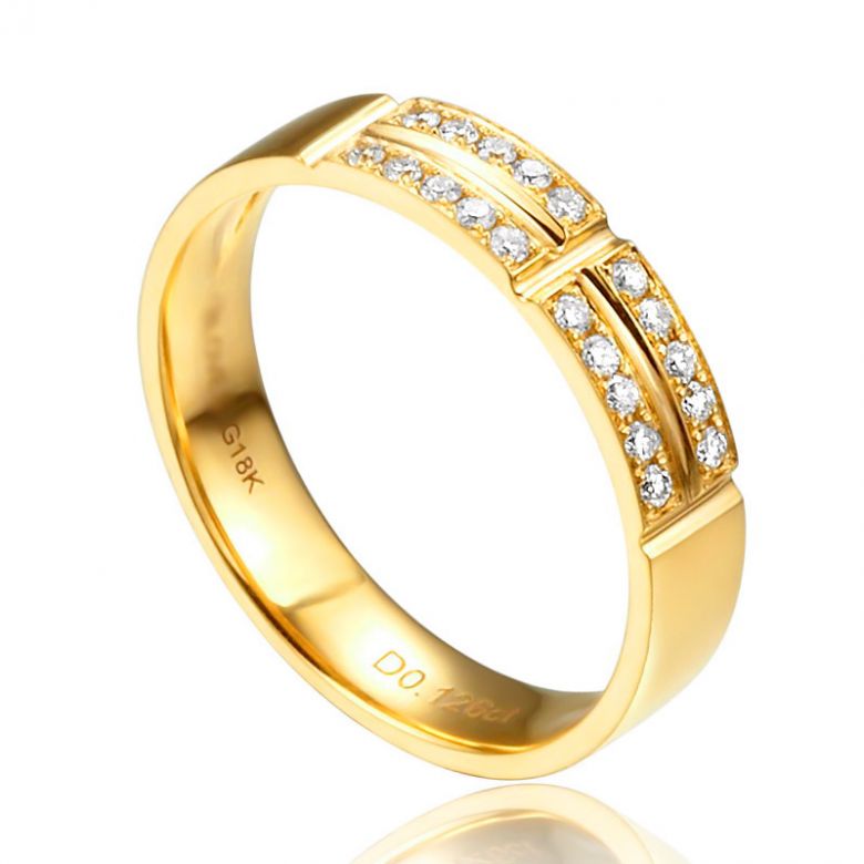 Alliance biseautée femme - Or jaune - Pavage Diamants - 1