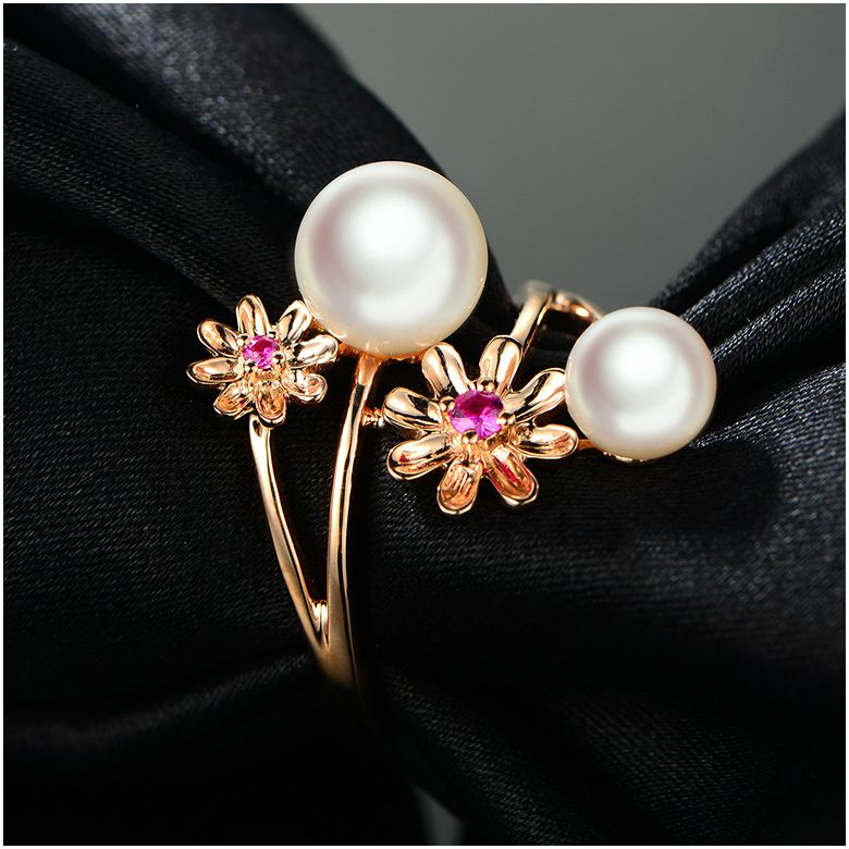 Bague or rose Toi et Moi Perles Akoya. Fleurs, Saphirs roses - 3