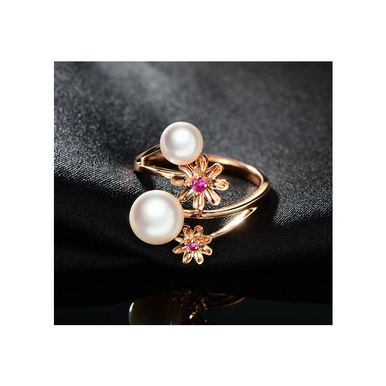 Bague or rose Toi et Moi Perles Akoya. Fleurs, Saphirs roses - 5