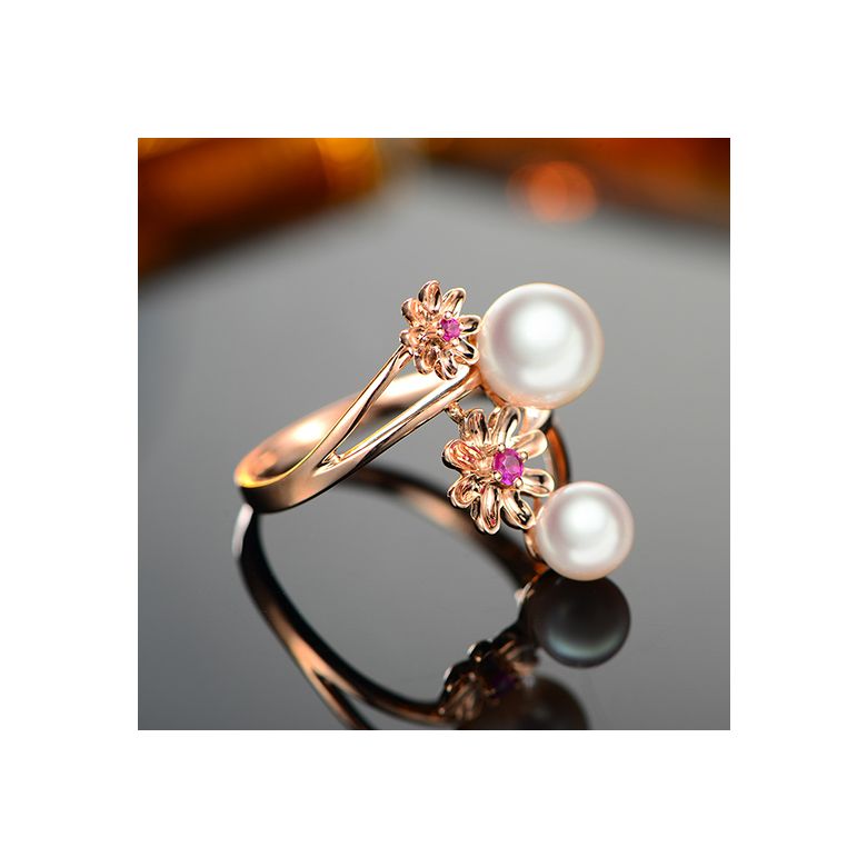 Bague or rose Toi et Moi Perles Akoya. Fleurs, Saphirs roses - 4